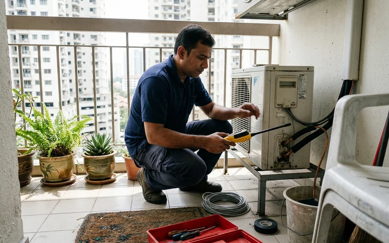 Technician running an electronic leak detector along the piping