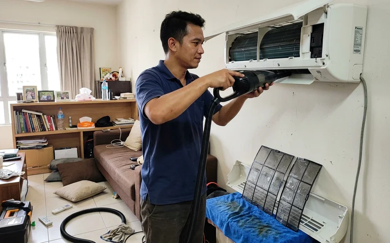 Technician vacuuming an indoor unit during a normal service