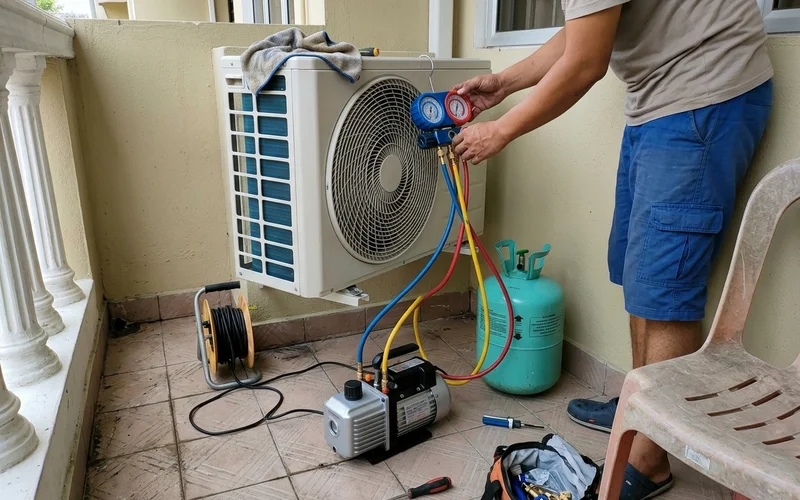 Vacuum pump connected to the outdoor unit service port during installation
