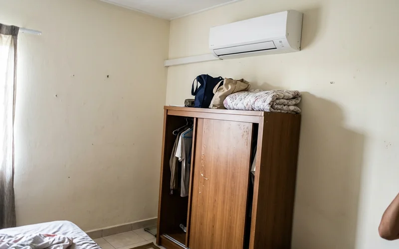 Wall-mounted split aircon above a bedroom wardrobe in a terrace home