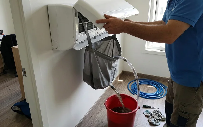 Wash bag under the indoor unit draining into a bucket