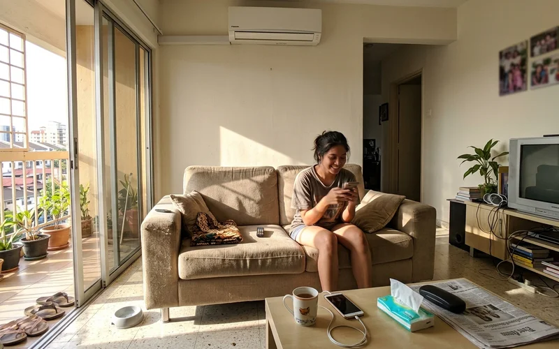 West-facing living room with strong afternoon sun through a sliding door