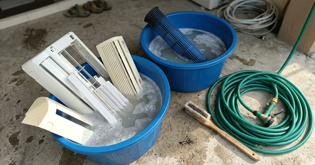Aircon covers and blower wheel soaking in tubs on a terrace porch