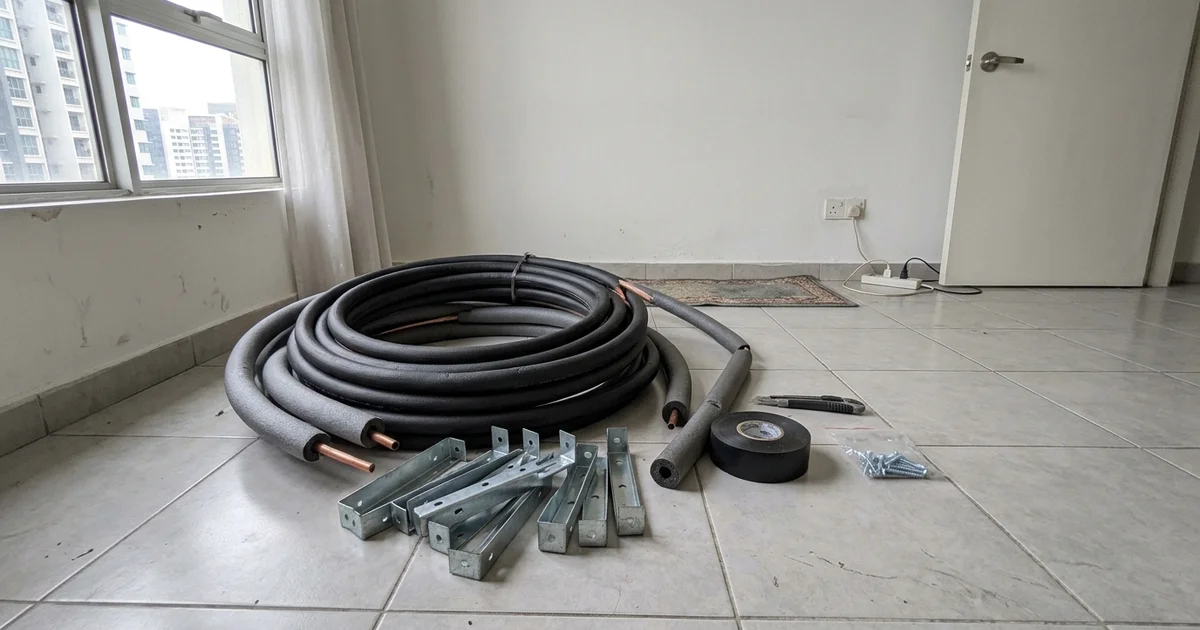 Copper piping, brackets and insulation laid out before an aircon installation