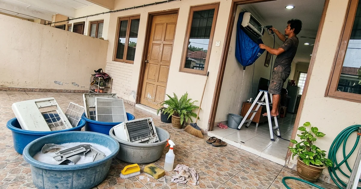 Dismantled aircon parts soaking in tubs beside a unit being washed in place