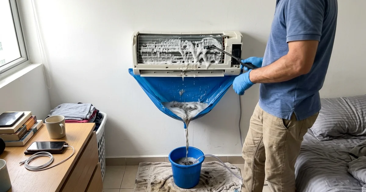 Foaming cleaner on an evaporator coil with a wash bag catching dark runoff