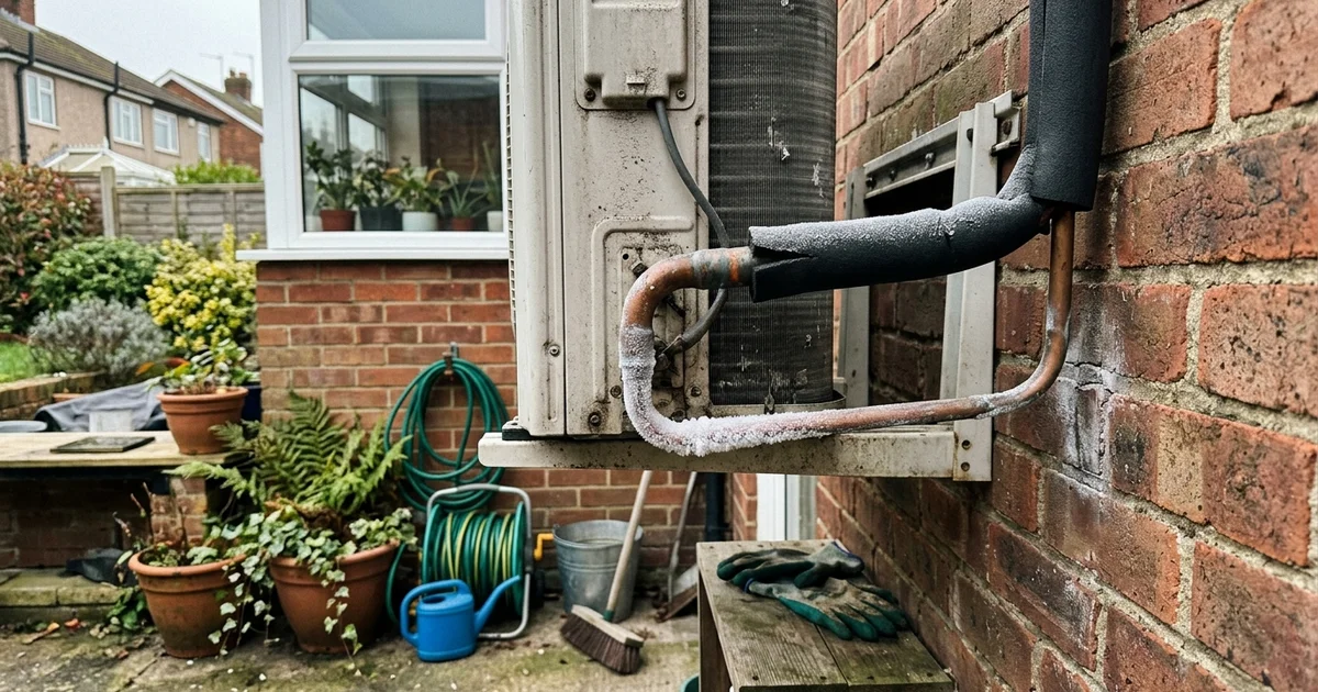 Frost on the copper suction pipe at an outdoor aircon unit