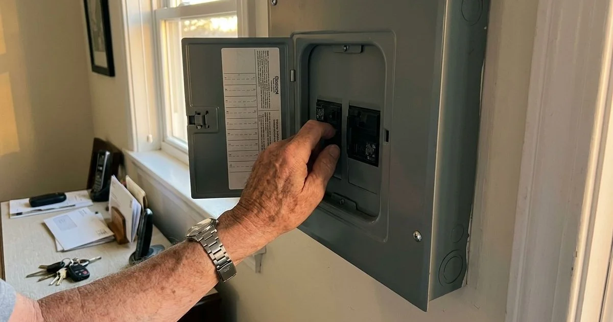 Hand flipping a tripped breaker in a home DB box