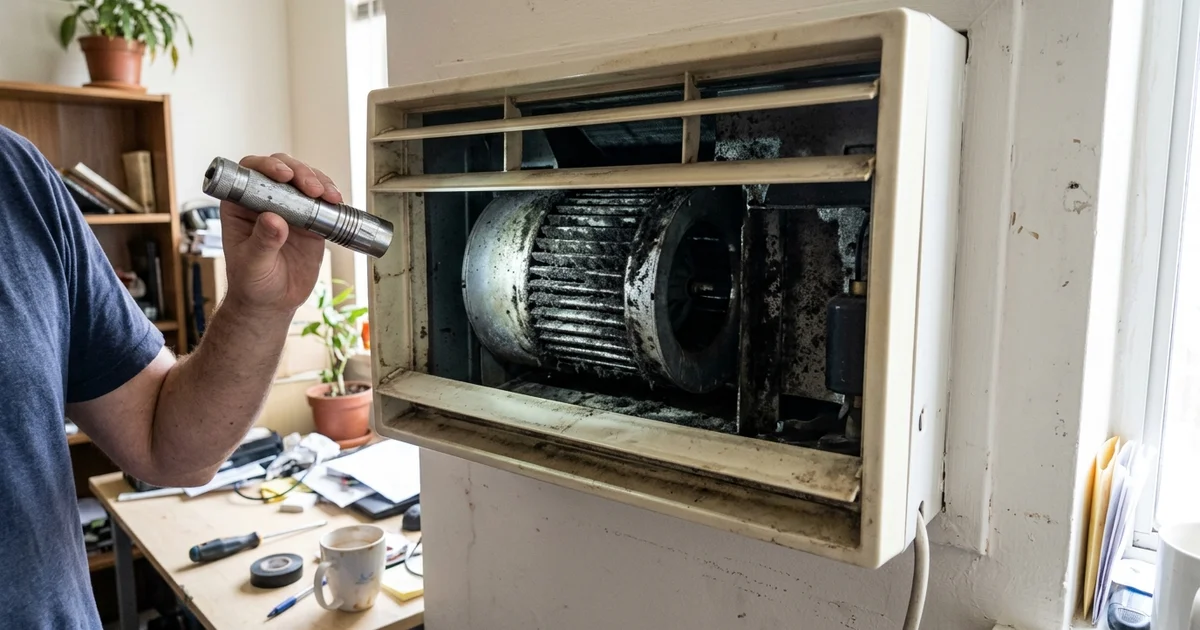 Heavily mouldy blower wheel visible through the louvre of an old aircon