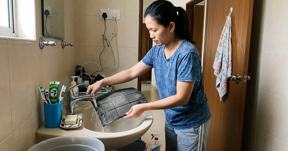 Homeowner rinsing an aircon filter under a bathroom tap