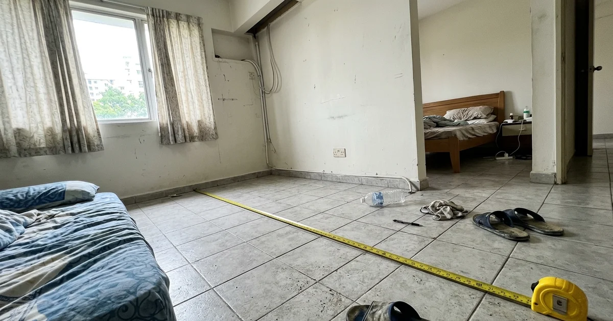 Measuring tape across a condo bedroom floor beside the wall where the aircon will go