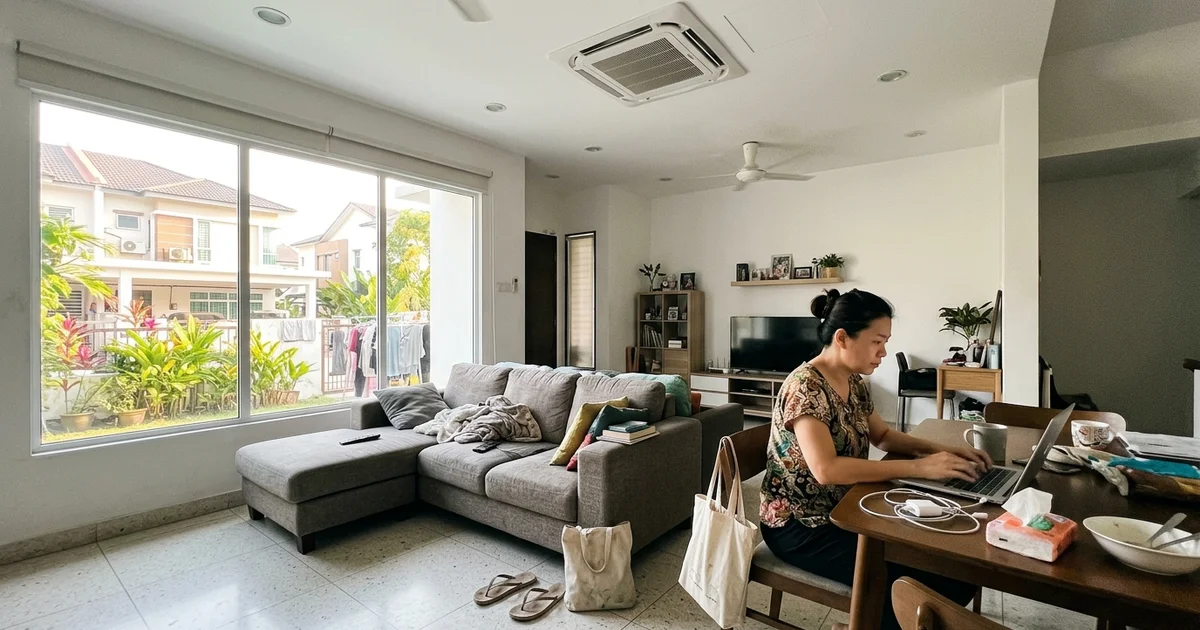 Open-plan semi-D living room with a 4-way ceiling cassette aircon