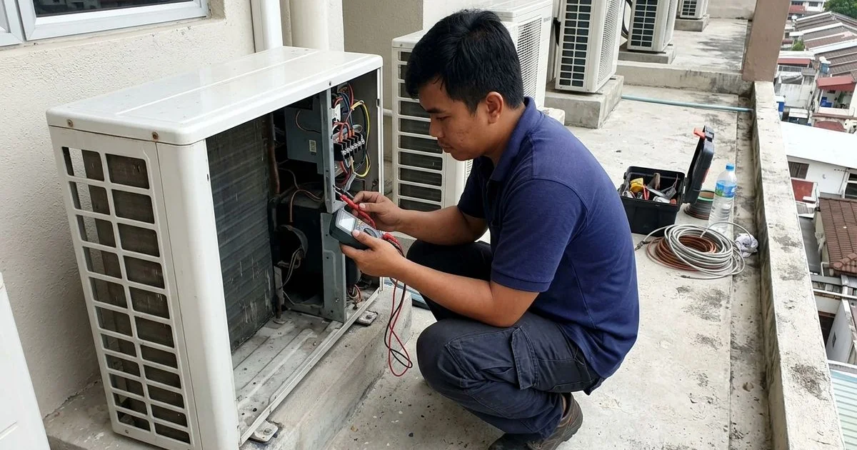 Technician testing outdoor unit wiring with a multimeter on a condo ledge