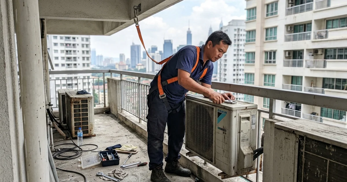 Technician with a safety harness working on outdoor units on a condo aircon ledge