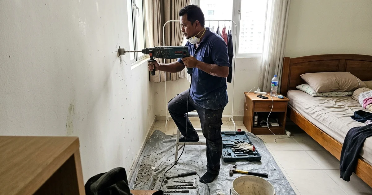 Technician drilling a wall core hole for aircon piping with a dust sheet below