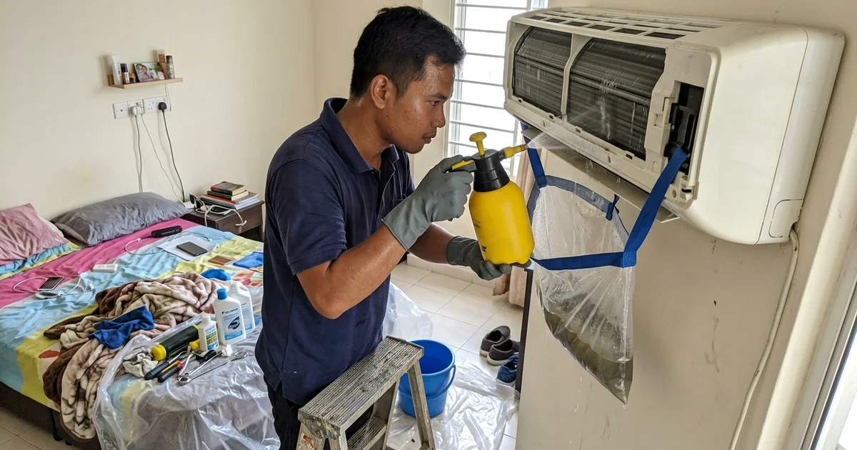 Technician in gloves rinsing an aircon coil with a wash bag attached