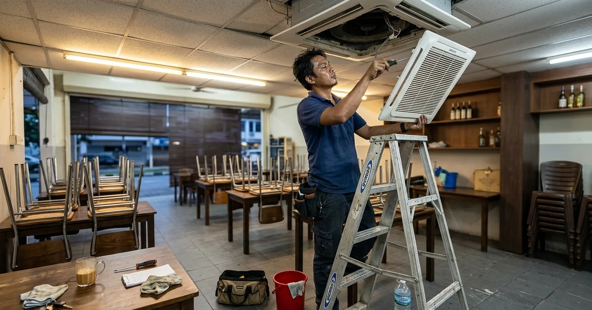 Technician on a ladder removing a ceiling cassette panel in a café after hours