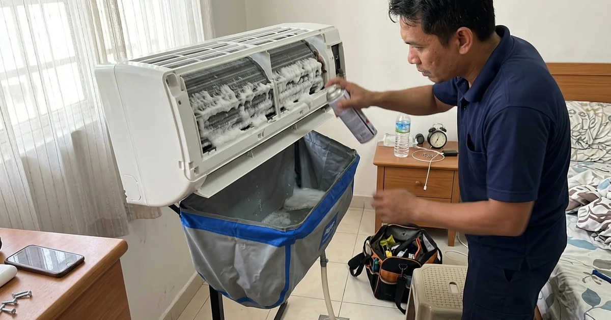 Technician spraying foaming coil cleaner into an indoor unit with a wash bag attached
