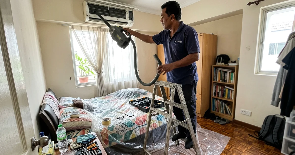 Technician vacuuming an indoor aircon unit with a plastic sheet over the bed