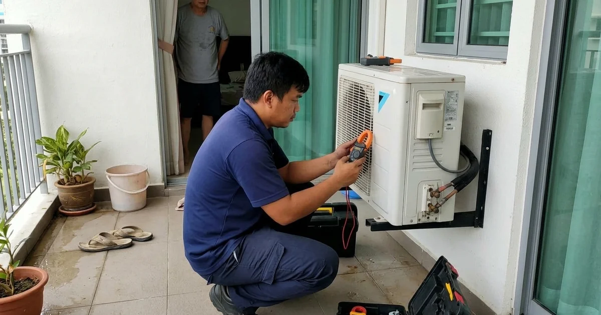 Technician checking outdoor unit wiring with a clamp meter while the homeowner watches