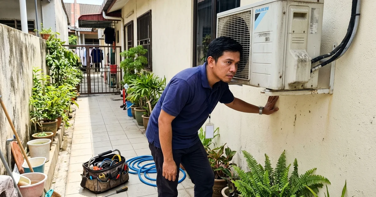 Technician listening closely to an outdoor aircon unit on a terrace house wall
