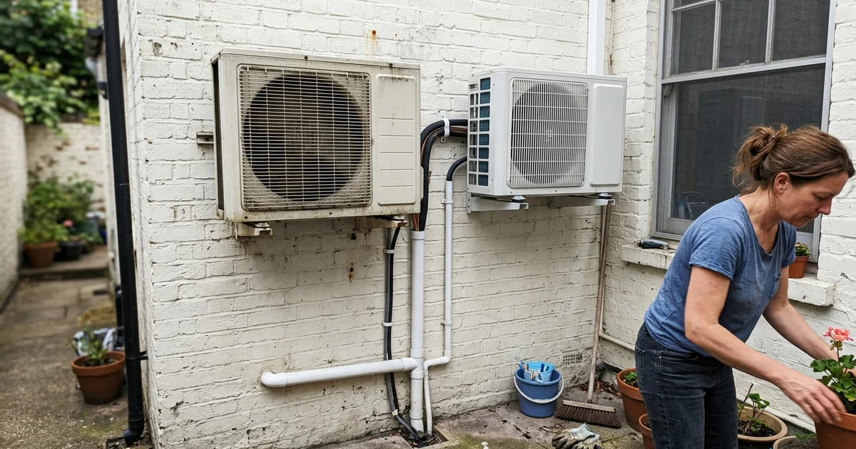 An older non-inverter and a newer inverter outdoor unit side by side on a wall