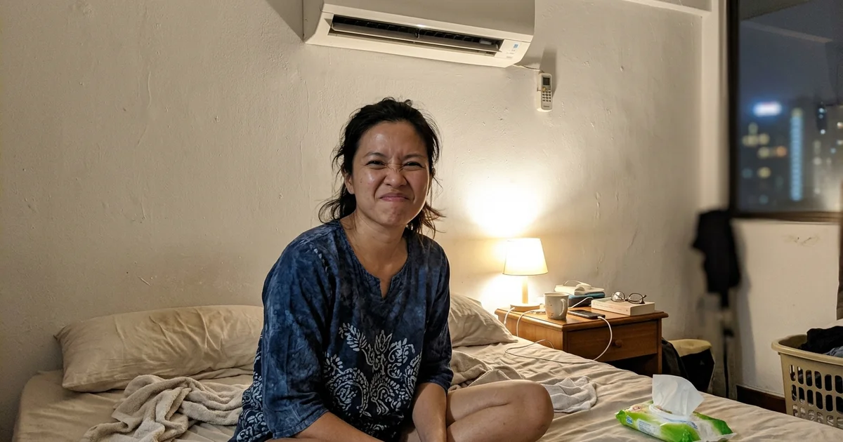 Woman reacting to a bad smell from a bedroom aircon
