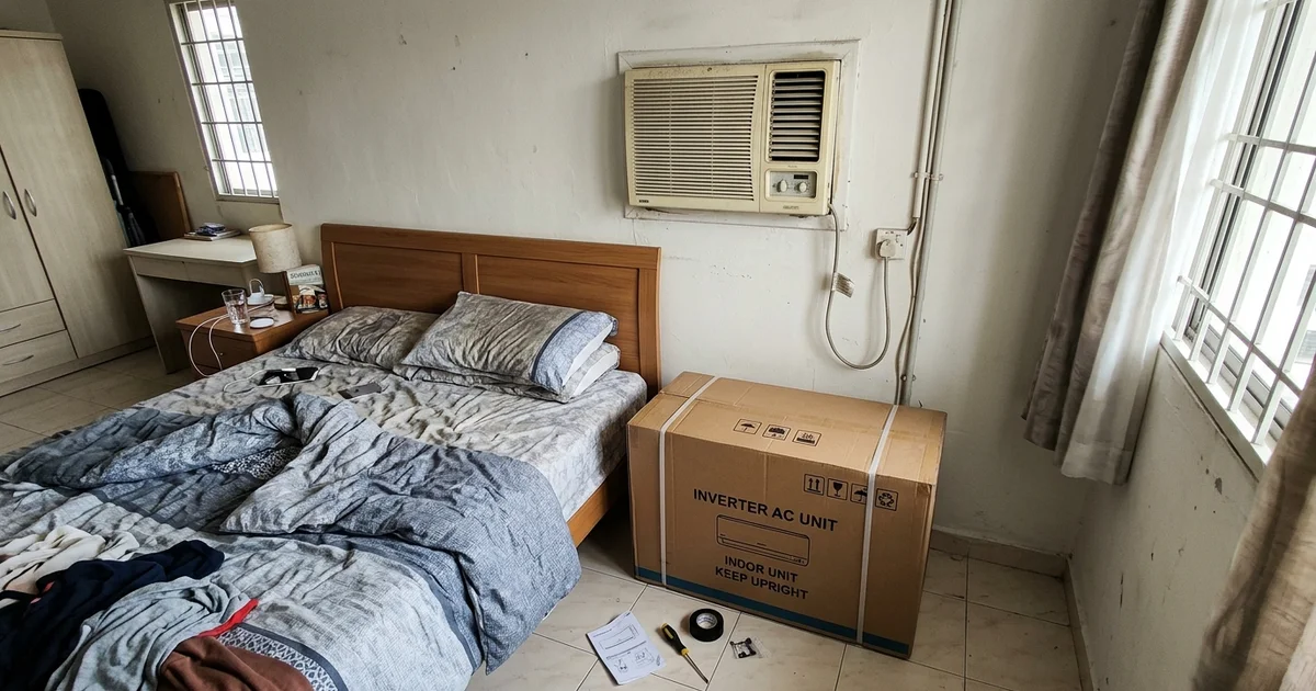 An old yellowed aircon on the wall next to a boxed new unit on the floor