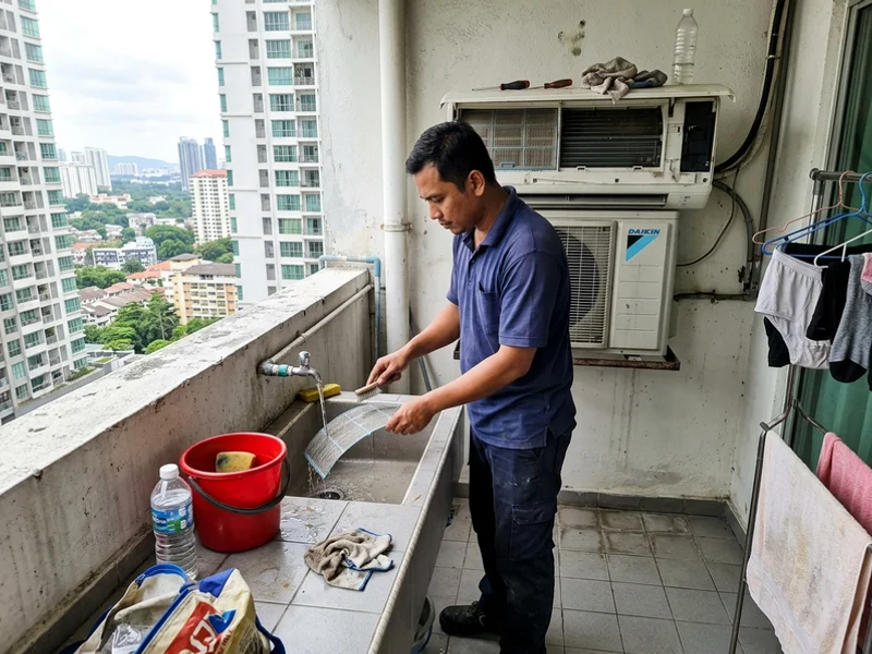 Technician rinsing aircon filters during a normal general service in a KL condo