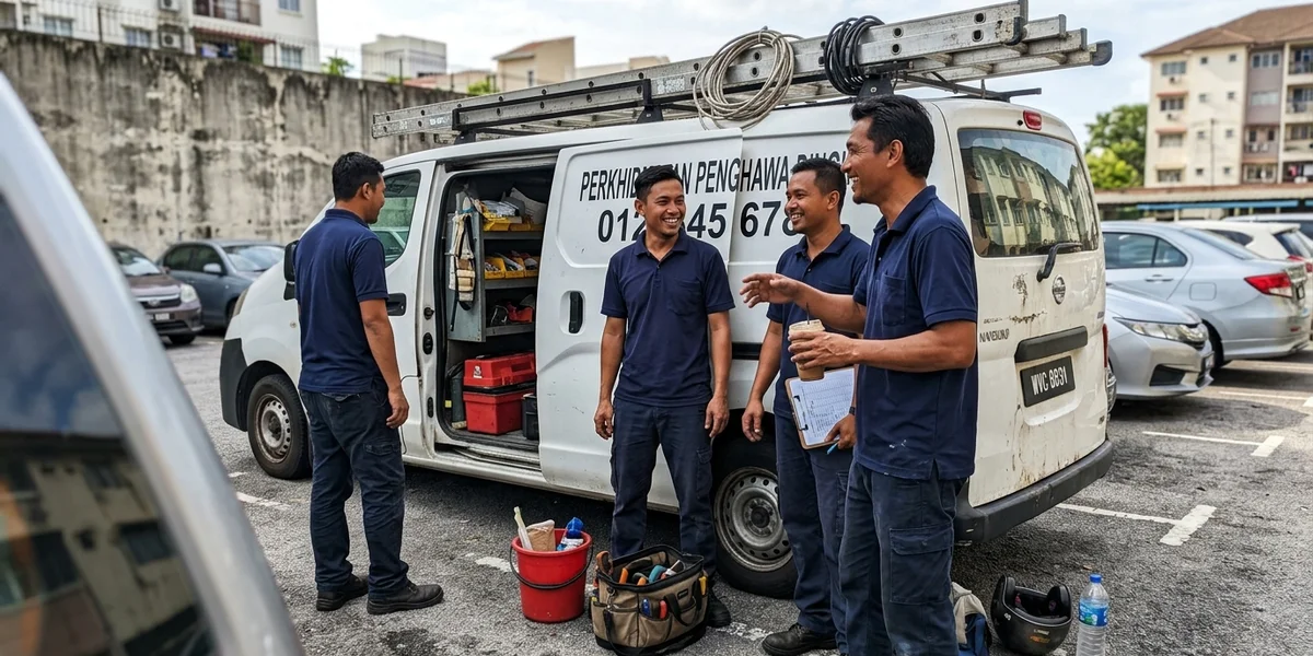 The Aircon Expert technician team beside a service van