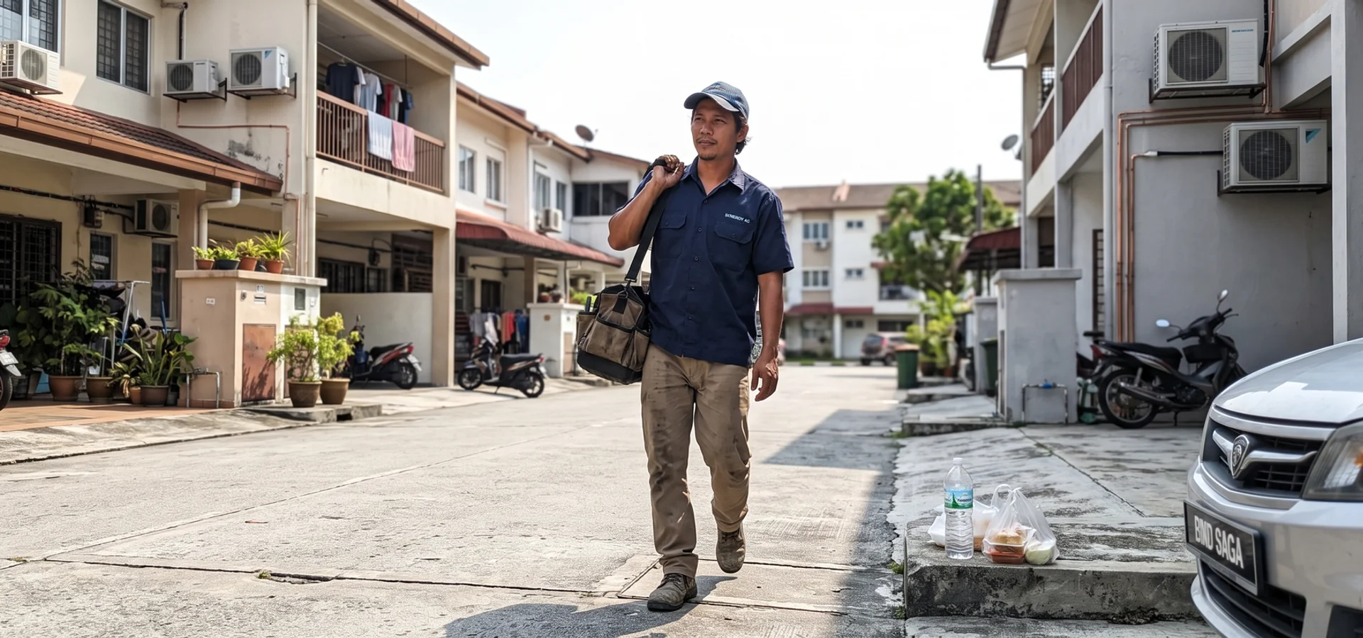 Aircon Expert technician arriving at a residential street for a service call