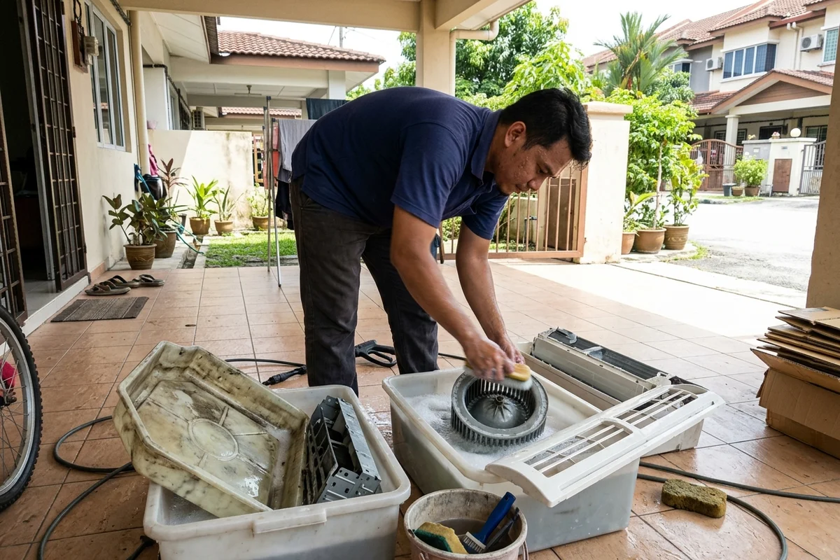 Dismantled aircon parts soaking in tubs on a terrace porch during an overhaul