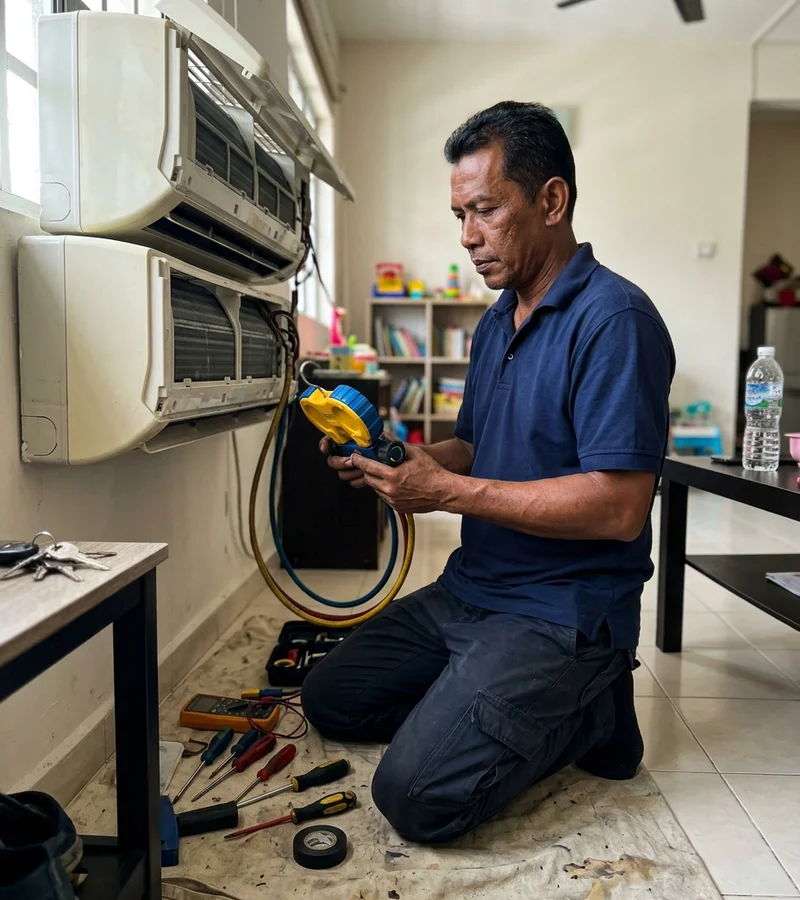 Experienced Aircon Expert technician checking an indoor unit with a manifold gauge