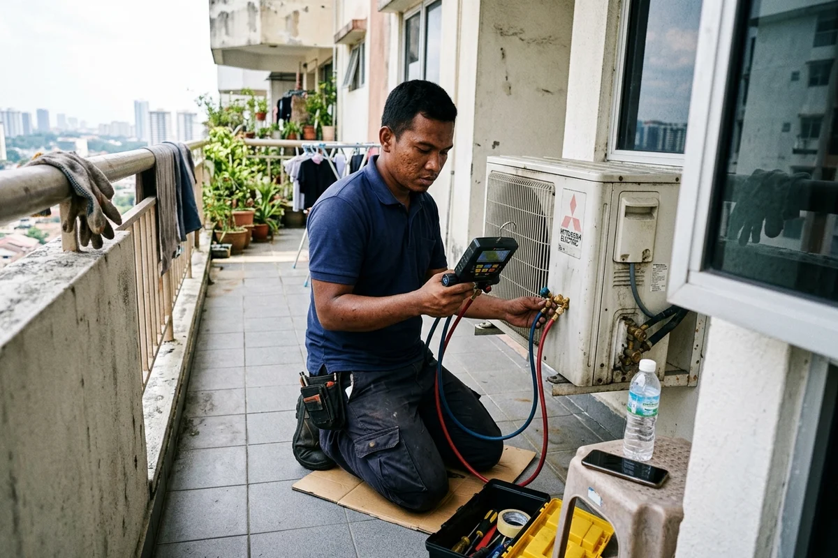 Technician reading a manifold gauge on an outdoor aircon unit during a repair diagnosis