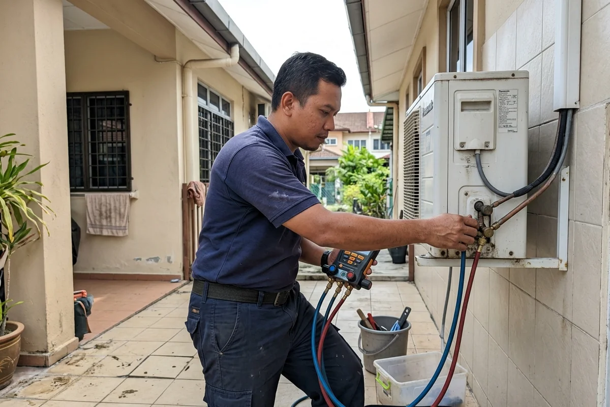 Technician connecting a manifold gauge to an outdoor unit to check refrigerant pressure