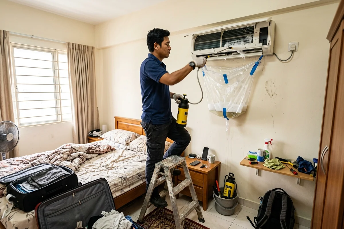 Technician spraying coil cleaner into a wall-mounted aircon with a catchment bag fitted in a KL condo bedroom
