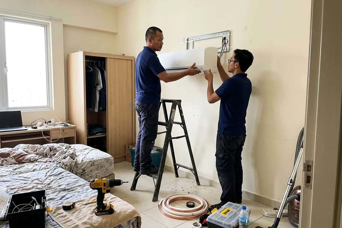 Technicians mounting a new wall-mounted aircon in a KL condo bedroom